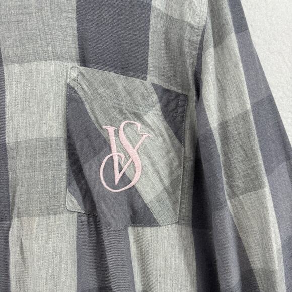 VICTORIAS SECRET Sleepshirt L Check Button Front Long Sleeve PJ Top Gray - Picture 8 of 15